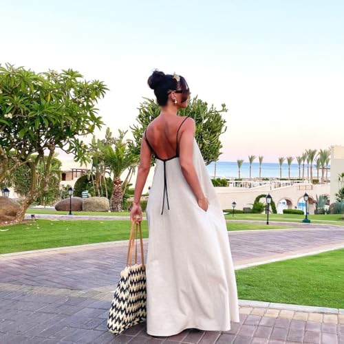 Women's 2025 Summer Linen Maxi Dress Contrast Spaghetti Strap Dress Backless Sleeveless Casual Party Beach Dresses