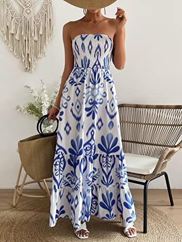 Womens Summer Dresses Allover Print Ruffle Hem Tube A-Line Maxi Dress