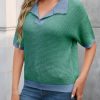 Womens Striped Cropped Sweaters Tops Color Block Short Sleeve Knit V Neck Fall Casual Pullover