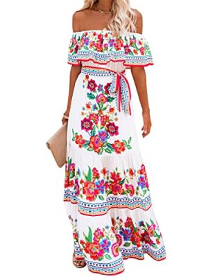 Women's Mexican Dress Summer Floral Print Off The Shoulder Sleeveless Beach Long Maxi Dress