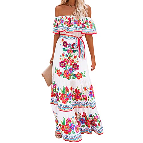 Women's Mexican Dress Summer Floral Print Off The Shoulder Sleeveless Beach Long Maxi Dress