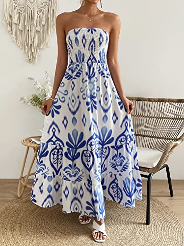 Womens Summer Dresses Allover Print Ruffle Hem Tube A-Line Maxi Dress