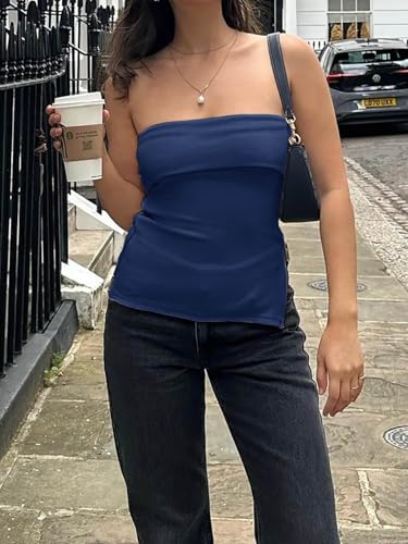Womens Strapless Tube Tops Fitted Ribbed Knit Y2K Going Out T Shirts Summer Side Zipper Backless Bandeau Tops