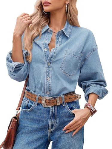 Womens Oversized Denim Shirt Jean Jacket 2025 Fall Fashion Button Down Shirts Long Sleeve Tops Trendy Shackets