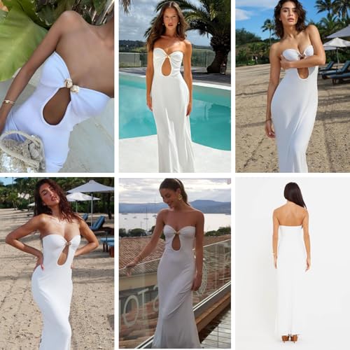 Women's Elegant Strapless Vacation Maxi Dress Sexy Gold Shell Cut Out Bodycon Dress Beach Party Cocktail Dress