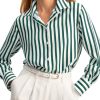 Womens Striped Button Down Shirts Casual Satin Long Sleeve Loose Work Blouse Tops