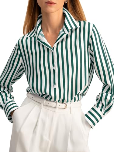 Womens Striped Button Down Shirts Casual Satin Long Sleeve Loose Work Blouse Tops