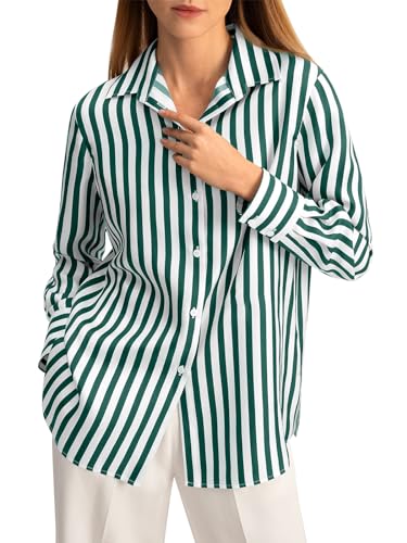 Womens Striped Button Down Shirts Casual Satin Long Sleeve Loose Work Blouse Tops