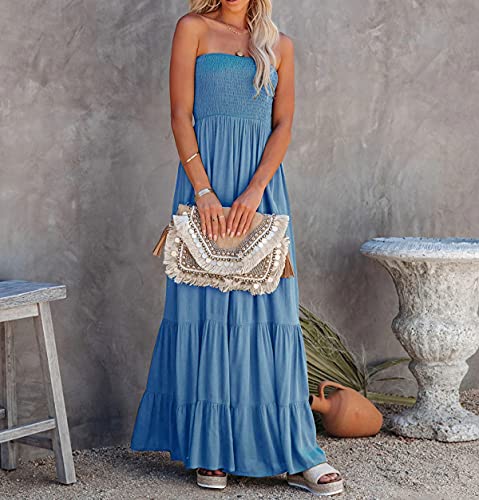 51IyXTlrD2L.jpg Womens Summer Cotton Strapless Elastic Smocked Boho Beach Casual Flowy Maxi Tube Dresses