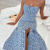 Women's Summer Split Thigh Spaghetti Strap Cami Midi Floral Dress