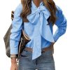 Womens Plaid Shirts Bow Tied Neck Button Down Long Sleeve Casual Dressy Blouse Tops
