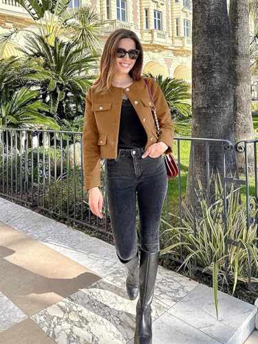 Womens Cropped Tweed Blazers Jacket Collarless Button Down Business Casual 2025 Fall Outfits Winter Coats