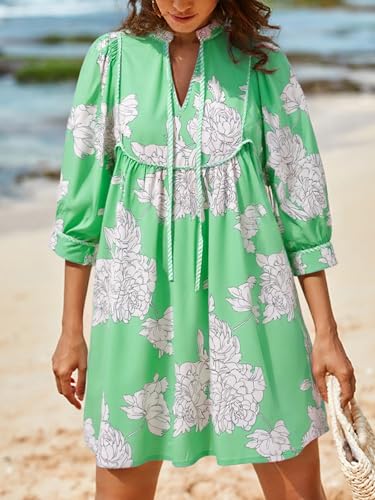 Womens Floral Mini Dresses 3/4 Sleeve V Neck Flowy Babydoll Dress Summer Beach Vacation Boho Outfits