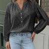 Womens Puff Long Sleeve Blouse Gingham Pleated V Neck Button Down Shirts Loose Fit Dressy Casual Fall Tops