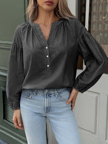 Womens Puff Long Sleeve Blouse Gingham Pleated V Neck Button Down Shirts Loose Fit Dressy Casual Fall Tops