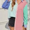 51OCU-gAvvL.jpg Womens Color Block Striped Button Down Shirts Oversized Trendy Casual Blouses Long Sleeve Tops