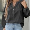Womens Puff Long Sleeve Blouse Gingham Pleated V Neck Button Down Shirts Loose Fit Dressy Casual Fall Tops