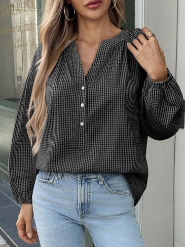 Womens Puff Long Sleeve Blouse Gingham Pleated V Neck Button Down Shirts Loose Fit Dressy Casual Fall Tops