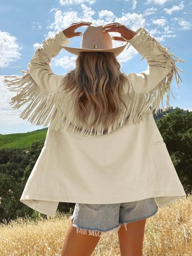 Womens Faux Suede Fringe Jacket Casual Blazer Long Sleeve Lapel Button Front Suit Jackets