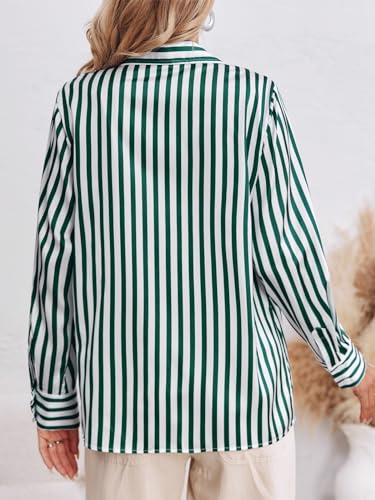 Womens Striped Button Down Shirts Casual Satin Long Sleeve Loose Work Blouse Tops