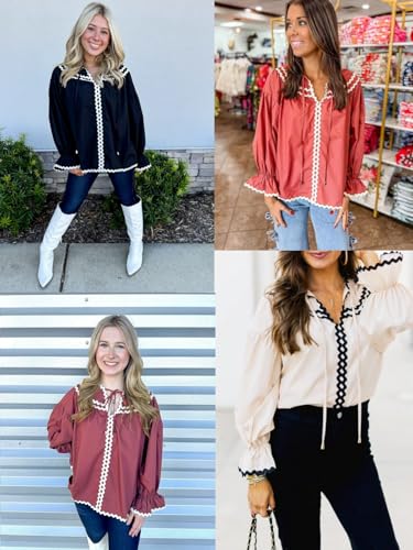 Womens Ruffle Puff Sleeve Blouse V Neck Trim Shirts Trendy Casual Loose Fit Tops