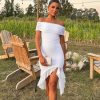 Women's Sexy Off The Shoulder Bodycon Midi Dresses Elegant Ruched Ruffle Hem Cocktail Party Dress