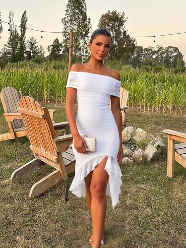 Women's Sexy Off The Shoulder Bodycon Midi Dresses Elegant Ruched Ruffle Hem Cocktail Party Dress