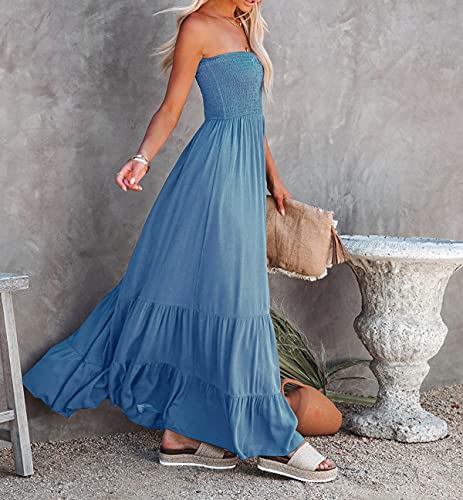 51TVB13qMGL.jpg Womens Summer Cotton Strapless Elastic Smocked Boho Beach Casual Flowy Maxi Tube Dresses