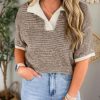 Womens Striped Cropped Sweaters Tops Color Block Short Sleeve Knit V Neck Fall Casual Pullover