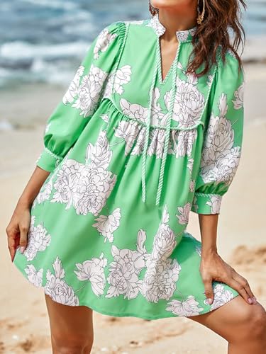 Womens Floral Mini Dresses 3/4 Sleeve V Neck Flowy Babydoll Dress Summer Beach Vacation Boho Outfits