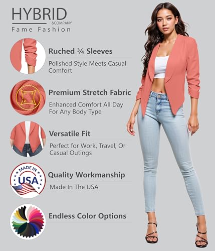 Lightweight Open Front Cardigan Classic Ruched Sleeve Work Office Blazer Suit Jackets
