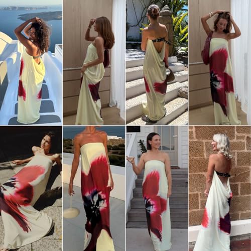 Women's Sexy Strapless Floral Print Maxi Dress Off Shoulder Back Buckle Belt Dresses for Summer Holiday Beachwear