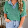 Womens Striped Cropped Sweaters Tops Color Block Short Sleeve Knit V Neck Fall Casual Pullover