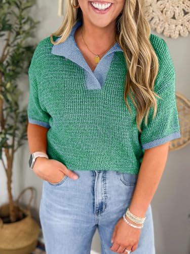 Womens Striped Cropped Sweaters Tops Color Block Short Sleeve Knit V Neck Fall Casual Pullover
