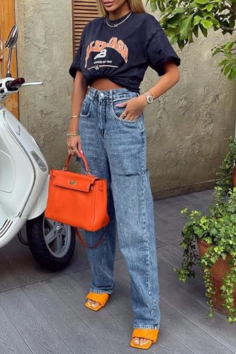 Womens High Waisted Baggy Jeans Side Cut Out Wide Leg Stretchy Trendy Denim Pants with Pockets