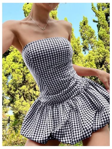 51XZIh-xpNL.jpg Women's Plaid Strapless Bubble Dress Sleeveless Ruffle Mini Tube Dresses