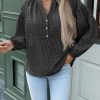 Womens Puff Long Sleeve Blouse Gingham Pleated V Neck Button Down Shirts Loose Fit Dressy Casual Fall Tops
