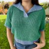 Womens Striped Cropped Sweaters Tops Color Block Short Sleeve Knit V Neck Fall Casual Pullover