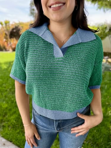 Womens Striped Cropped Sweaters Tops Color Block Short Sleeve Knit V Neck Fall Casual Pullover