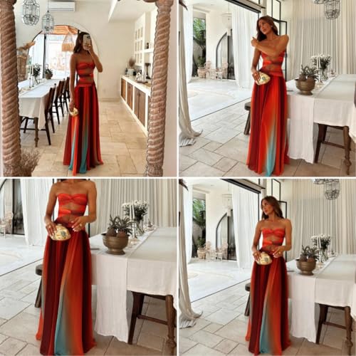 Women's Sexy Tie Dye Off Shoulder Maxi Dress Gradient Cut Out Strapless Flowy Sundress Beach Long Dresses