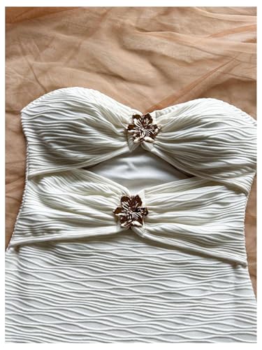 Women's Strapless Cut Out Mini Dress Metal Flower Textured Fitted Tube Bodycon Dress