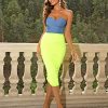 Womens Dresses Two Tone Ruched Tube Bodycon Dress Strapless Sleeveless Midi Pencil Dress