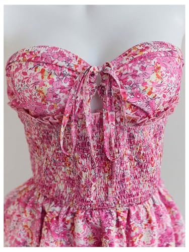 Women's Summer Boho Strapless Tube Floral Dress Tie Knot Shirred Bust Layered Ruffle Hem Smocked Vacation Dresses