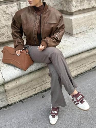 Womens Faux Leather Bomber Jackets Baseball Collar Zip Up Cropped Biker Coat with Pockets