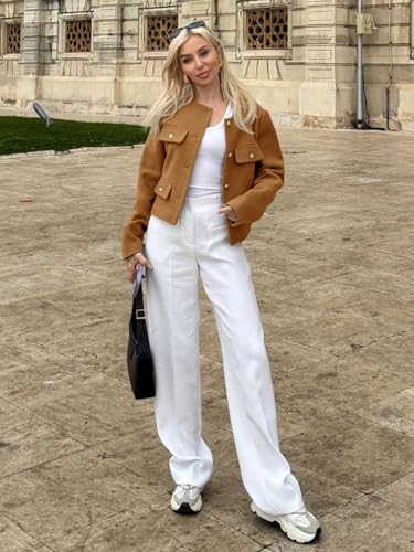 Womens Cropped Tweed Blazers Jacket Collarless Button Down Business Casual 2025 Fall Outfits Winter Coats