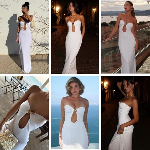 Women's Elegant Strapless Vacation Maxi Dress Sexy Gold Shell Cut Out Bodycon Dress Beach Party Cocktail Dress