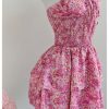 Women's Summer Boho Strapless Tube Floral Dress Tie Knot Shirred Bust Layered Ruffle Hem Smocked Vacation Dresses