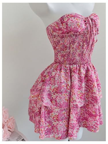 Women's Summer Boho Strapless Tube Floral Dress Tie Knot Shirred Bust Layered Ruffle Hem Smocked Vacation Dresses
