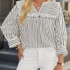 Womens Striped Babydoll Tops Ruffle V Neck Puff Sleeve Blouses Loose Fit Cute Flowy Shirts