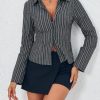 Womens Striped Button Down Shirts Flare Long Sleeve Collared V Neck Business Work Office Blouse Tops